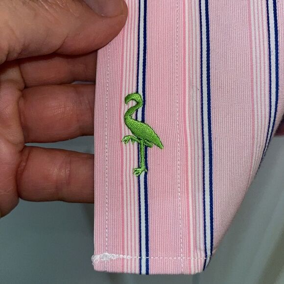 Beautiful Pink Blue stripe Tailorbyrd LS Party Button down shirt L w/ marks back - Picture 3 of 6